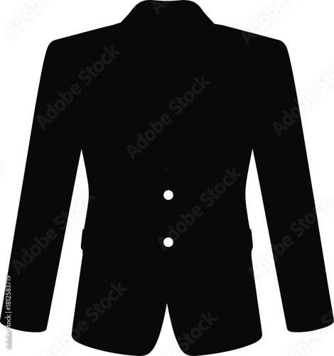 Formal jacket silhouette, black blazer, structured shape, fashion design, tailored garment, professional attire, clothing icon, flat vector illustration