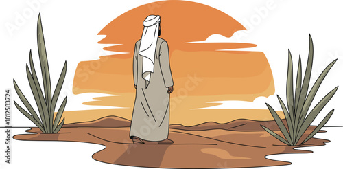 Desert traveler, traditional Middle Eastern attire, sunset landscape, sand dunes, arid climate, solitude, warm colors, stylized plants, horizon view, flat vector illustration