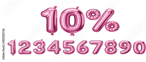 Shiny pink metallic balloon vector digits including ten percent sign and numeric characters for discounts.