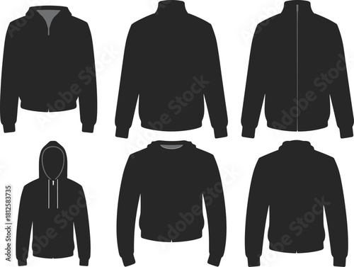 Jacket and hoodie silhouettes, outerwear styles, collar and zipper design, fashion icon set, black vector, flat vector illustration