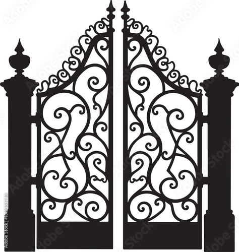 Black wrought iron ornate gate with decorative scrollwork