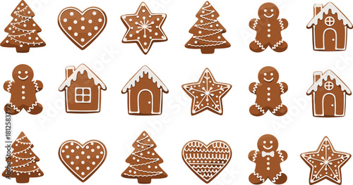 “Festive gingerbread cookies assortment with Christmas trees, stars, hearts, houses and gingerbread men decorated with icing for holiday celebrations”