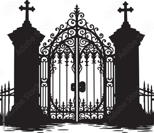 Ornate black wrought iron cemetery gate with crosses