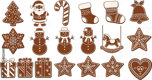 Gingerbread Christmas cookies collection with festive shapes including stars, trees, gifts, snowmen, Santa, and holiday decorations in brown icing style