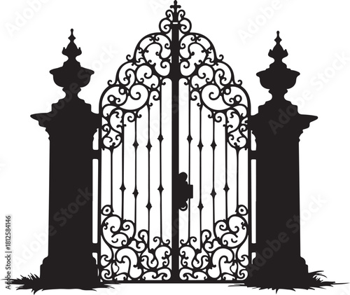 Ornate black wrought iron gate with decorative pillars
