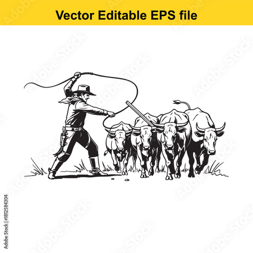 Black and white vector illustration of a cowboy cracking a whip while herding a group of cattle or bulls, isolated on