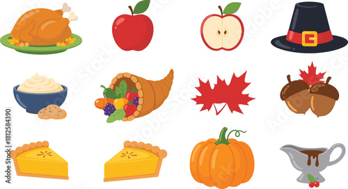 Thanksgiving food collection with turkey, pumpkin pie, apple, cornucopia, mashed potatoes, autumn leaves, acorns, pumpkin, gravy boat and festive holiday elements