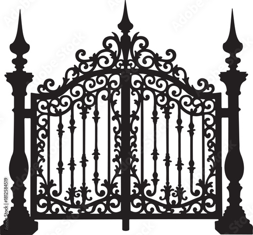 Ornate black wrought iron gate with decorative scrollwork