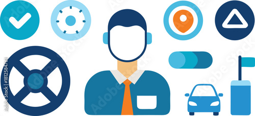 Collection of flat design icons representing driving and travel concepts steering wheel