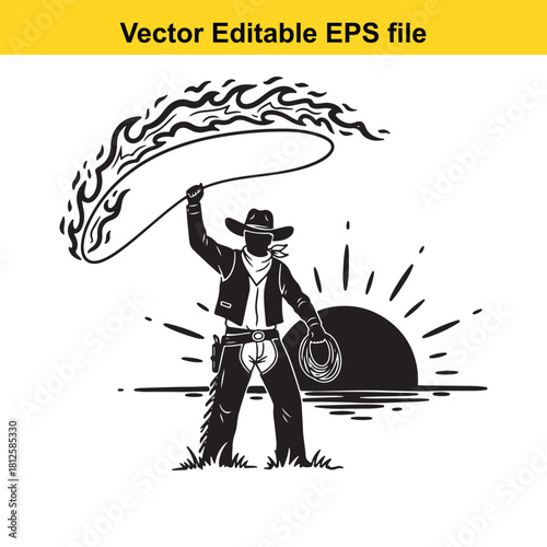 Black and white vector illustration of a cowboy swinging a flaming lasso against a rising or setting sun silhouette, isolated on