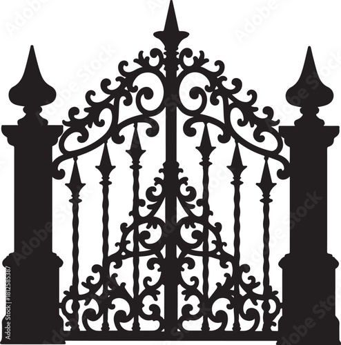 Ornate black wrought iron gate with decorative scrollwork