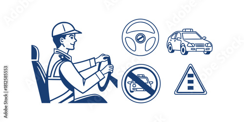 Driver in car with steering wheel taxi car sign and road sign on white background Keywords: driver, car, steering, wheel, taxi, car, sign, road