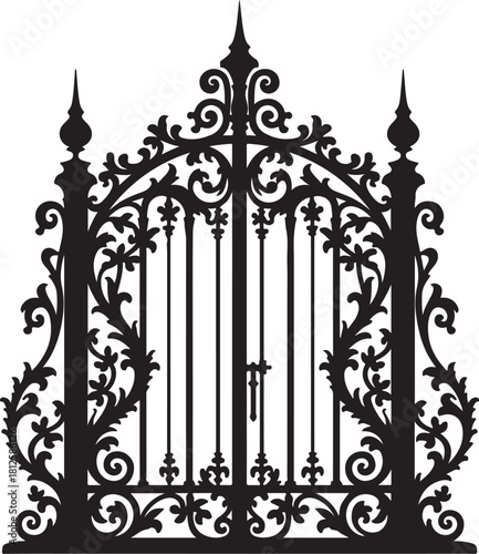 Ornate black wrought iron gate with floral scrollwork