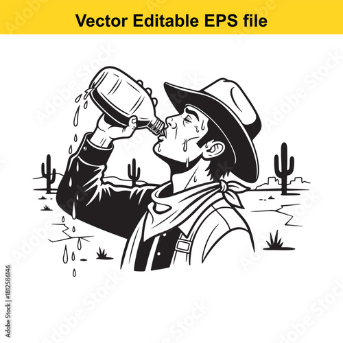 Black and white vector illustration of a thirsty cowboy wearing a hat and bandana drinking water from a bottle in a desert landscape