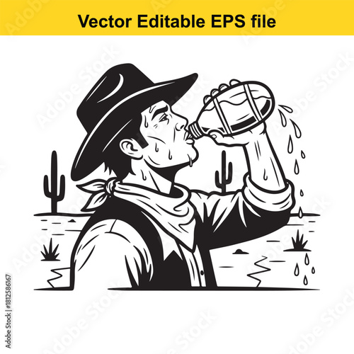 Black and white vector illustration of a thirsty cowboy wearing a hat and bandana drinking water from a bottle in a desert landscape