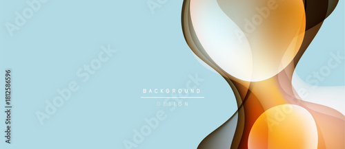 Abstract fluid shapes overlap, creating warm golden hues against cool blue backdrop. Minimalist design suggests movement, elegance.