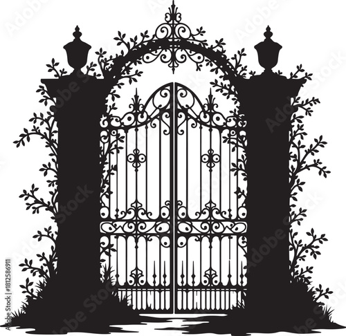 Ornate black wrought iron gate with ivy and urns silhouette