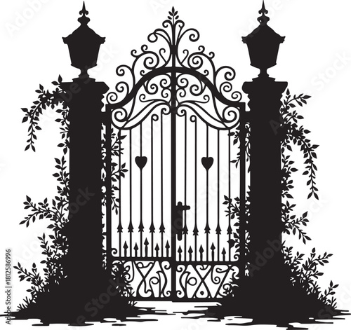 Ornate black wrought iron gate with lamps and vines