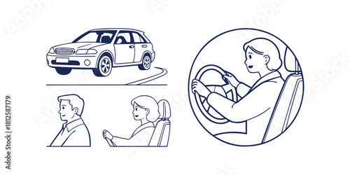 People Driving Cars And A Woman In The Driver's Seat vector illustration