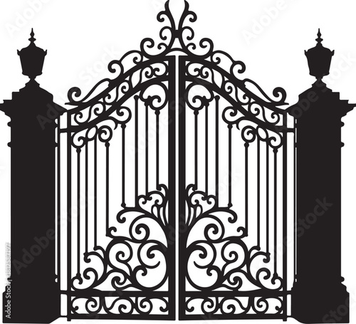 Ornate black wrought iron gate with lampposts decorative