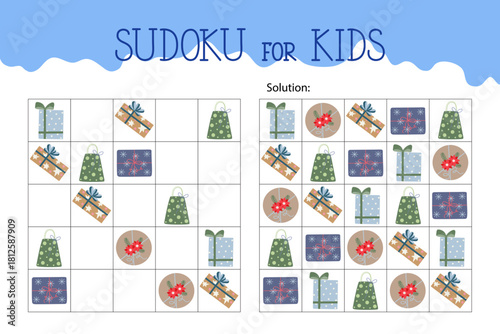 Christmas gift boxes sudoku educational game or leisure activity worksheet vector illustration, printable grid to fill in missing images, winter holiday puzzle with its solution, teacher resources