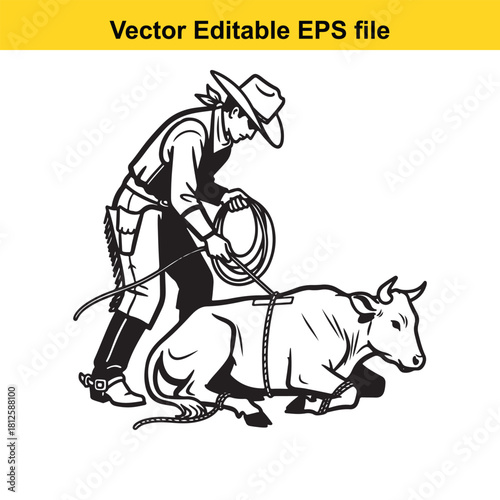 Black and white vector illustration of a cowboy roping and tying down a bull or steer with a lasso rope, isolated on