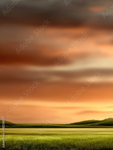 Sunset over green fields and hills creating a serene landscape scene