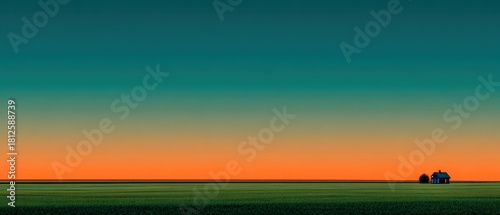 Sunset over a lonely house in an open field with clear skies