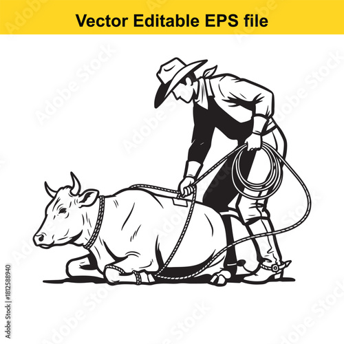 Black and white vector illustration of a cowboy roping and tying down a lying cow on a
