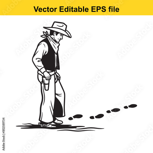 Black and white vector illustration of a cowboy standing next to a trail of footprints, isolated on