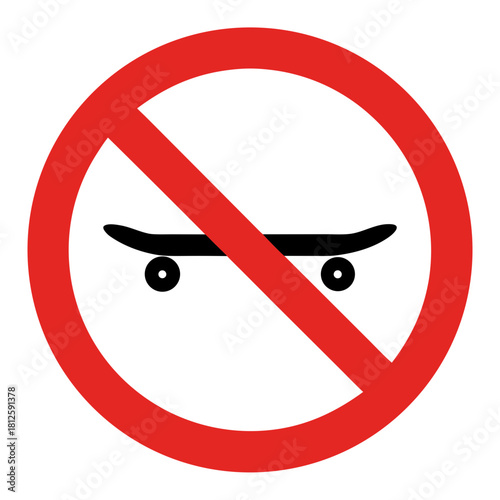 No skateboarding sign with red circle and diagonal line over skateboard graphic. Clear no skateboarding symbol in a bold design for public spaces.