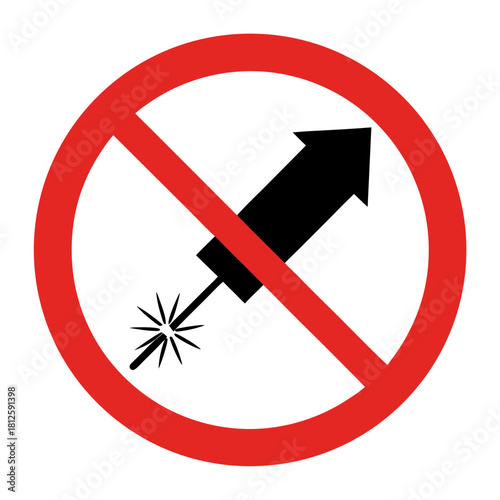 No fireworks warning symbol in red circle with crossed out firework icon. Sign discourages the use of fireworks to promote safety and peace during celebrations.