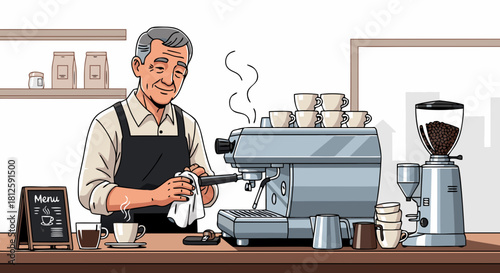 Elderly barista preparing coffee at counter with espresso machine and coffee grinder. Barista serves customers with freshly brewed coffee and engages with community at local cafe.
