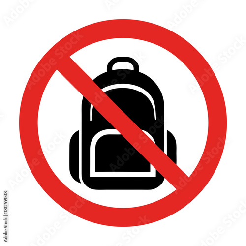 No backpacks symbol with prohibition sign and clear message in urban environment. Icon indicates restriction on backpacks, emphasizing safety and order in public spaces.