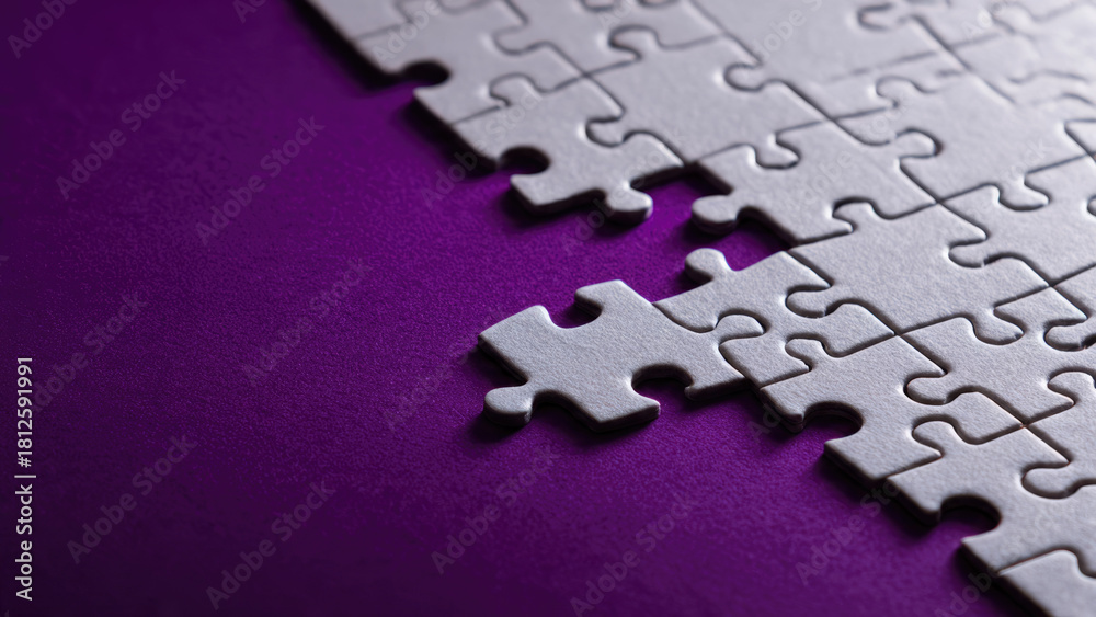 Obraz premium White puzzle pieces on a deep purple surface, some connected, some apart, representing problem-solving, strategy, completion, and the search for solutions.