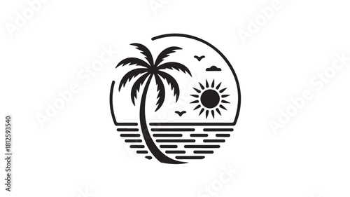 Minimalist tropical beach scene illustration featuring a palm tree sun and ocean waves vector design element isolated on white