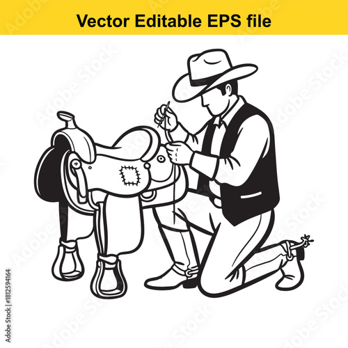 Black and white vector illustration of a cowboy kneeling down to repair or adjust a western horse saddle, isolated on