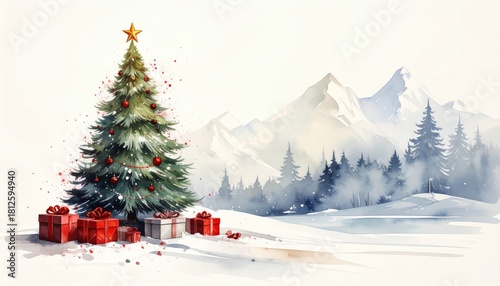 Choinka na Boże Narodzenie z gwiazdą betlejemską oraz prezentami