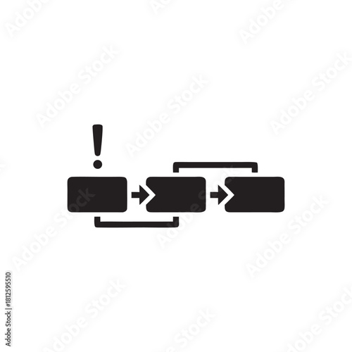 Minimal Black and White Business Flowchart Icon with Warning Marker and Loop Arrows for IT Workflow and Process Management