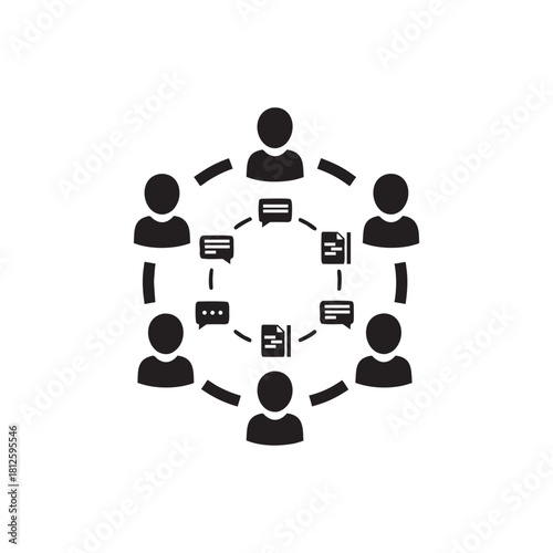 Black and white vector icon representing business teamwork and digital collaboration network