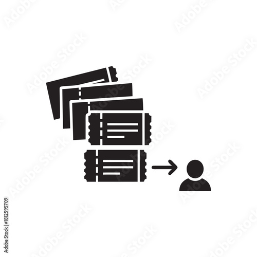 Black and white vector icon of bulk ticket distribution to user for business and IT