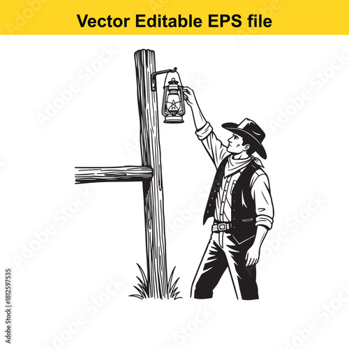Black and white vector illustration of a cowboy hanging an oil lantern on a wooden fence post in the wild west, isolated on