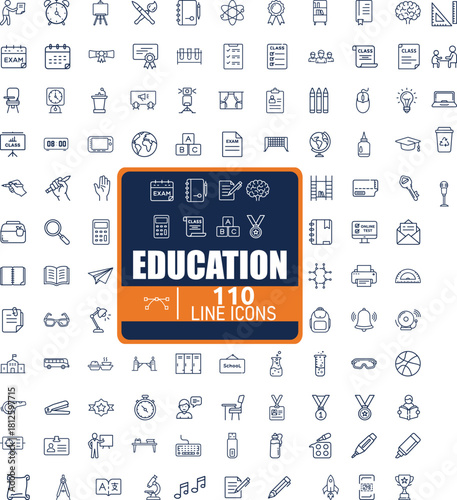 Collection Of Modern Editable Thin Stroke Line Style School Education Icons Set Related School Subjects, Supplies, Science, Online Learning, Pictogram, Infographics And More On Transparent Background