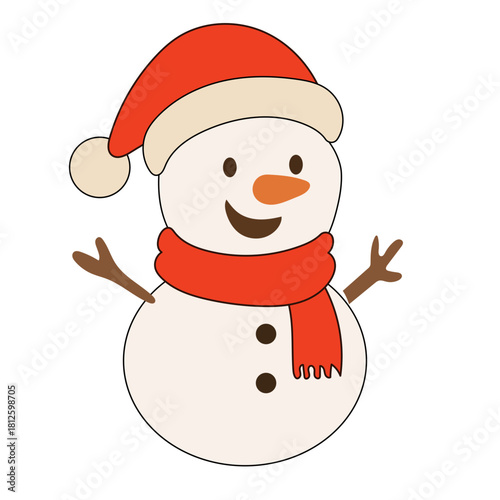 Cartoon Snowman Character. Funny Positive Christmas Holiday Symbol Icon. Happy Snowman Portrait for Winter Xmas or New Year Gift Decoration. Merry Christmas Celebration Greeting Element.