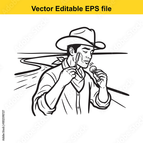 Black and white line art illustration of a cowboy shaving his face with a straight razor while standing outdoors near a winding road, isolated on