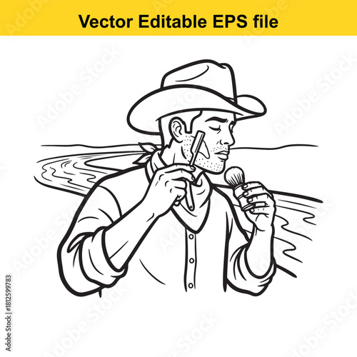 Black and white line art vector illustration of a cowboy shaving his face with a straight razor and shaving brush, isolated on