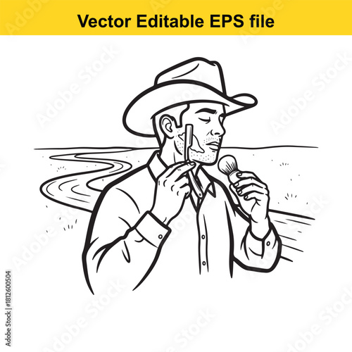 Black and white line art vector illustration of a cowboy shaving his face with a straight razor and shaving brush in a rustic outdoor setting