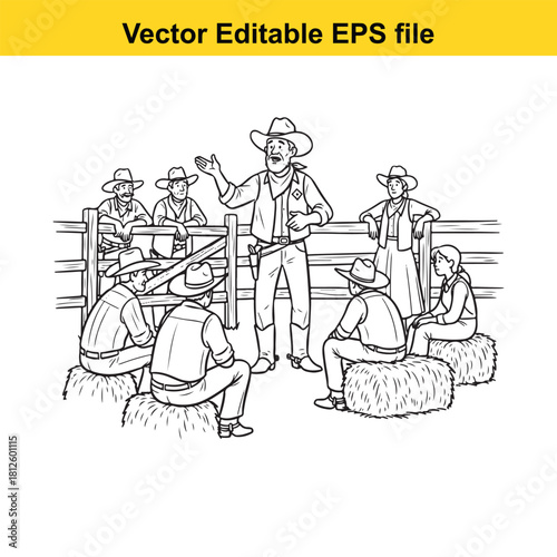 Black and white line art illustration of a group of cowboy rancher people sitting on hay bale listening to a standing speaker outdoors
