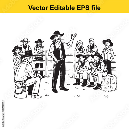 Group of cowboy and cowgirl character illustration teaching or giving instruction at ranch, vector editable eps file