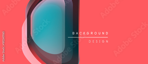 Abstract design features overlapping shapes, vibrant colors. Coral background complements teal, purple gradients. Text reads background design.
